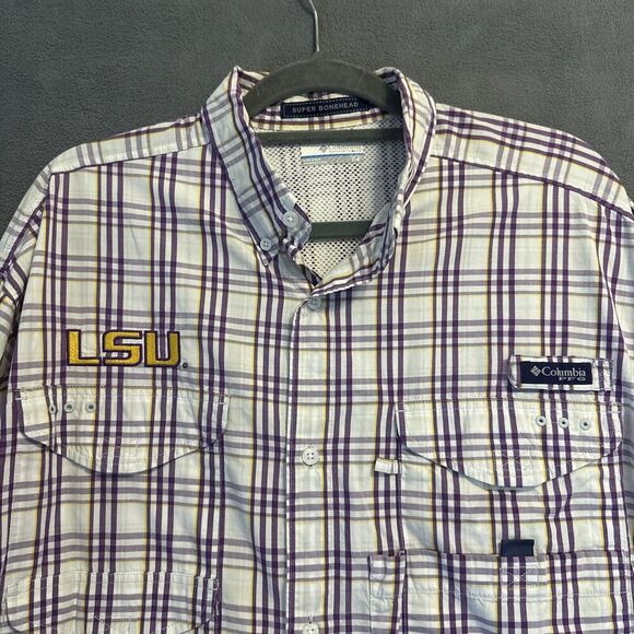 LSU Tigers Columbia Super Bonehead Fishing Shirt Mens Size L Purple Vented L/S - Picture 1 of 10